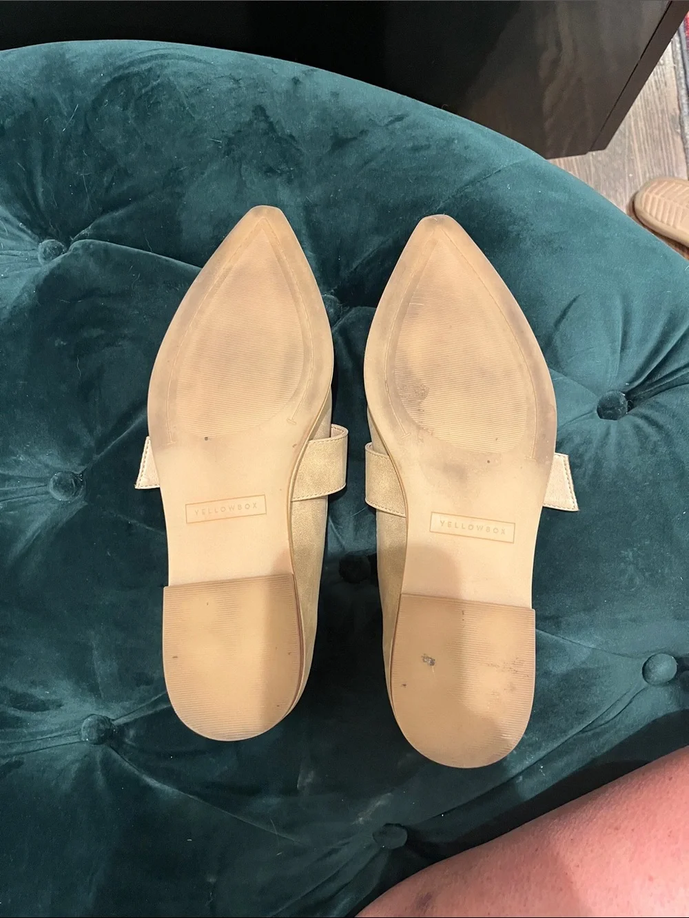 Yellow Box Women's Beige Pointed Mary Jane Flats with Gold Buckle and Rubber Sol